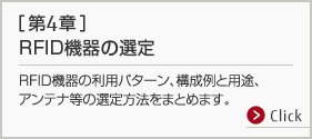 第4章 RFID機器の選定。RFID機器の利用パターン、構成例と用途、アンテナ等の選定方法をまとめます。