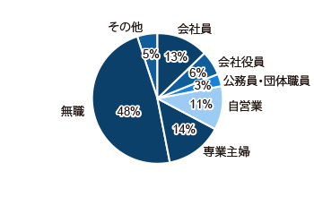 会社員 13%、会社役員 6%、公務員・団体職員 3%、自営業 11%、専業主婦 14%、無職 48%、その他 5%