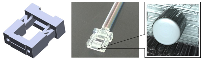 図1 簡易構造の光コネクター(左:形状、中央:外観、右:ファイバー接続面)