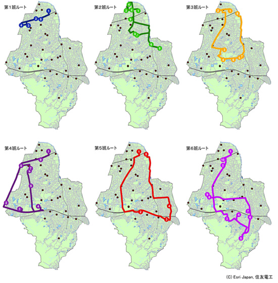 図 復旧作業ルートの例（37箇所、6作業班の場合）