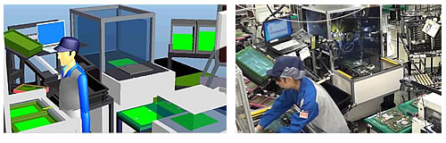 写真：シミュレーション画面（左）、実際の作業現場（右）