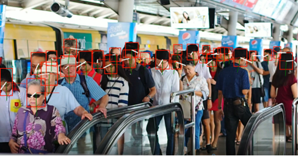 視認測定のイメージ（白線：頭部の向き、緑線：首の角度、赤枠：頭部検出）